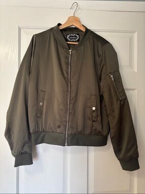 Olive Green Satin-like Bomber Jacket